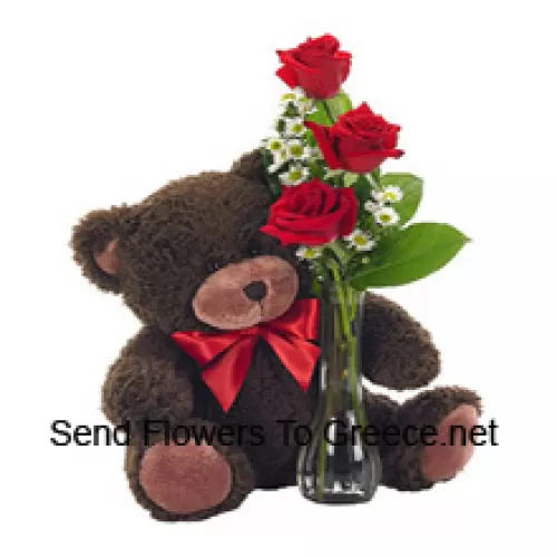 3 rote Rosen mit einigen Farnen in einer Glasvase zusammen mit einem niedlichen 14 Zoll großen Teddybären
