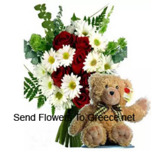 باقة من الورود الحمراء والجربيرا البيضاء مع دمية تيدي بني لطيفة بطول 12 بوصة