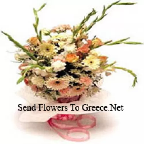 Blumenstrauß mit verschiedenen Blumen, einschließlich Gänseblümchen und Gladiolen