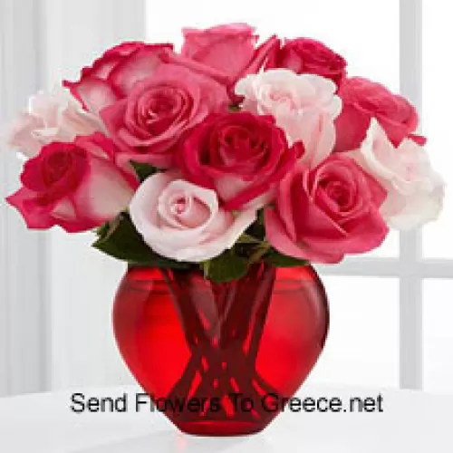 8 Dark Pink Roses With 5 Light Pink Roses In A Glass Vase